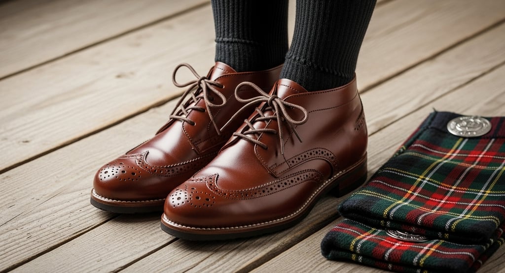 Highland Footwear & Hose Ghillie brogues, kilt hose, spats — durable, elegant, and comfortable.