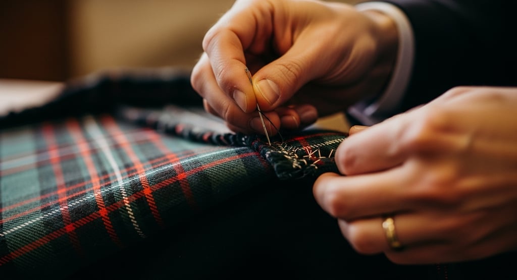 Tailor hand-sewing a tartan kilt