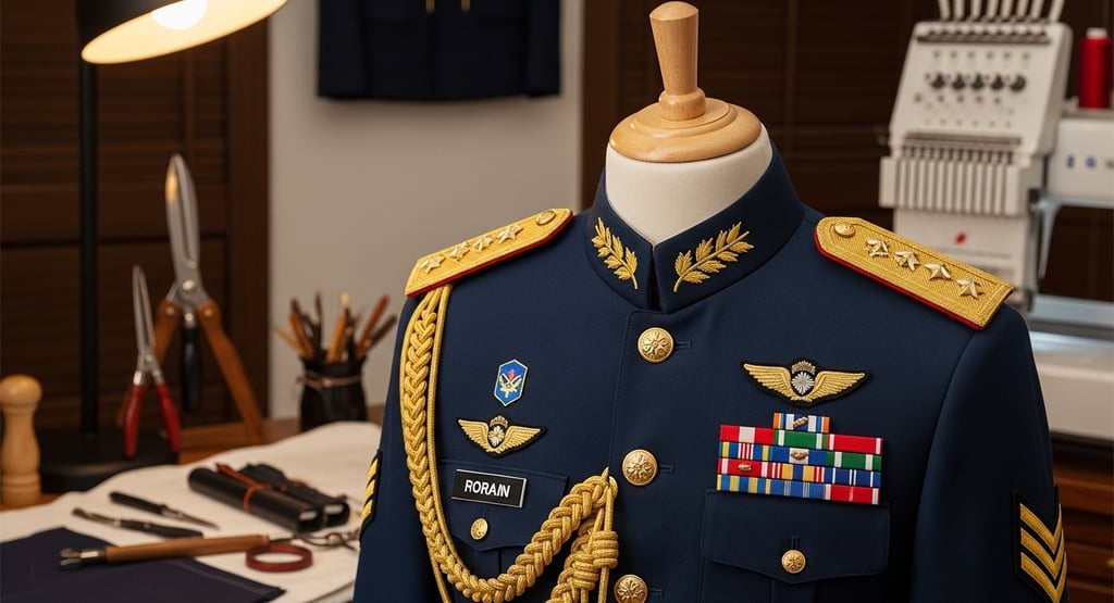 ZESTLET ceremonial military dress uniform with gold epaulettes, embroidered rank insignia, and polished brass buttons display