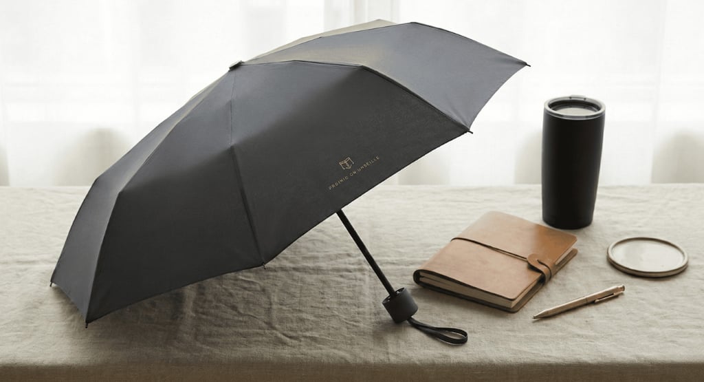 Desain payung kustom minimalis dengan logo perusahaan yang elegan.