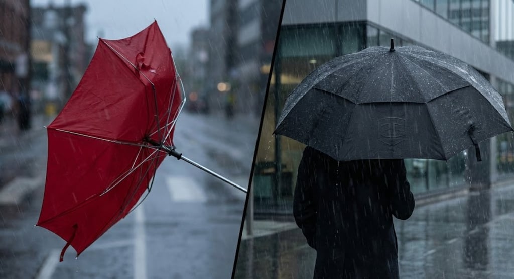 Perbandingan payung murah rusak vs payung premium kokoh.