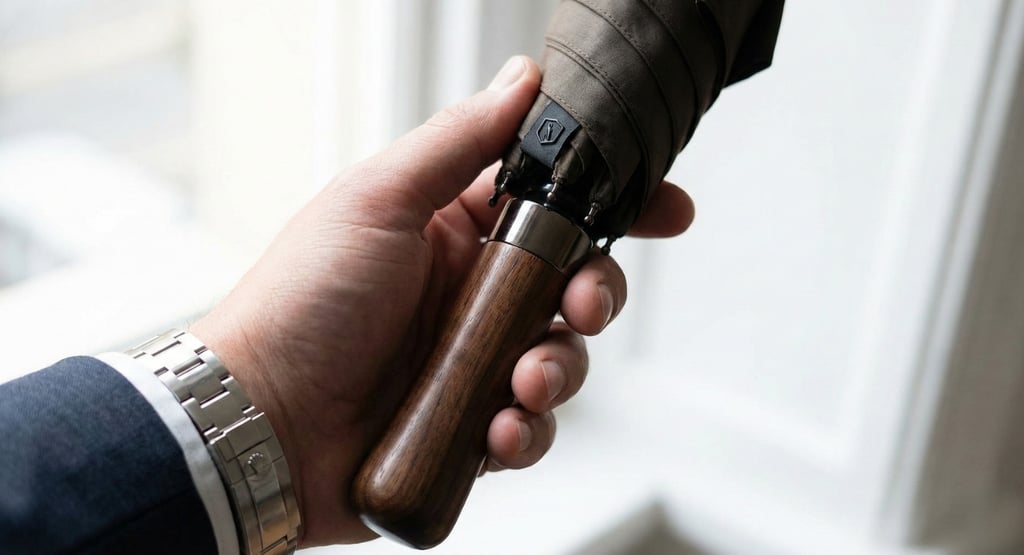 Close-up Print logo perusahaan yang subtil pada gagang kayu payung premium dari Istana Payung.