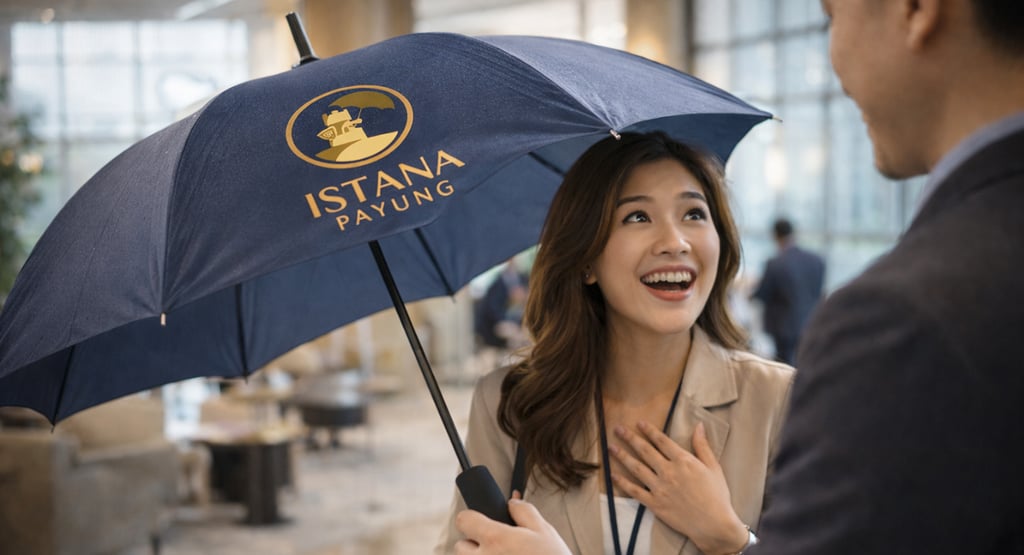 Seorang Wanita Senang saat Menerima Souvenir Payung Premium Istana Payung di Acara Seminat