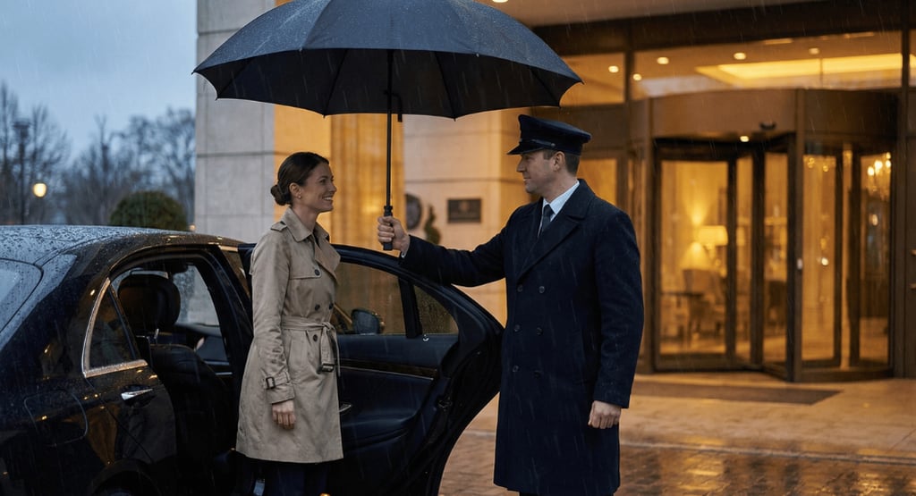 Petugas hotel menyambut tamu dengan payung golf premium di bawah hujan.