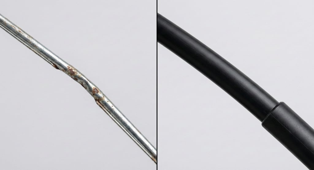 Visualisasi perbandingan rangka besi berkarat vs fiberglass hitam yang tebal dan kokoh.