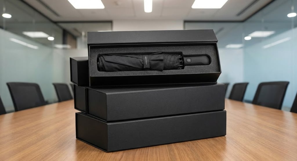 Souvenir payung premium dalam hardbox elegan siap bagi.