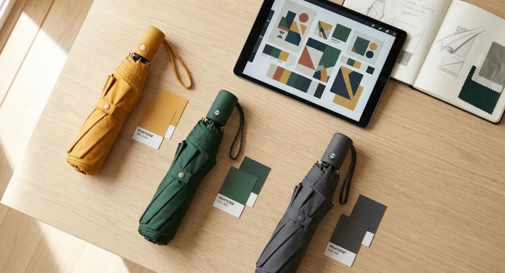 Flat lay proses pemilihan warna payung merchandise sesuai identitas brand.