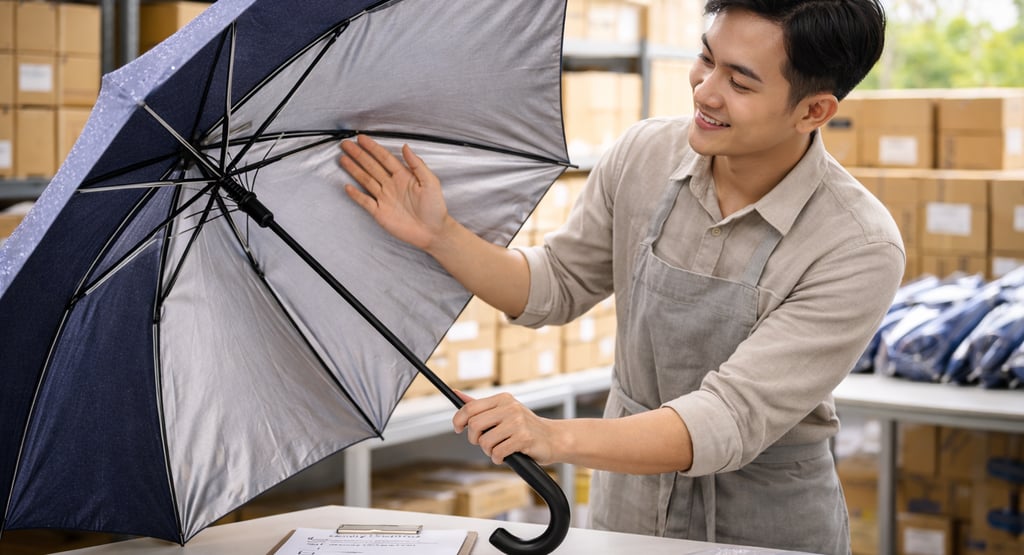 Quality Check payung di gudang sebelum dikirim ke pelanggan