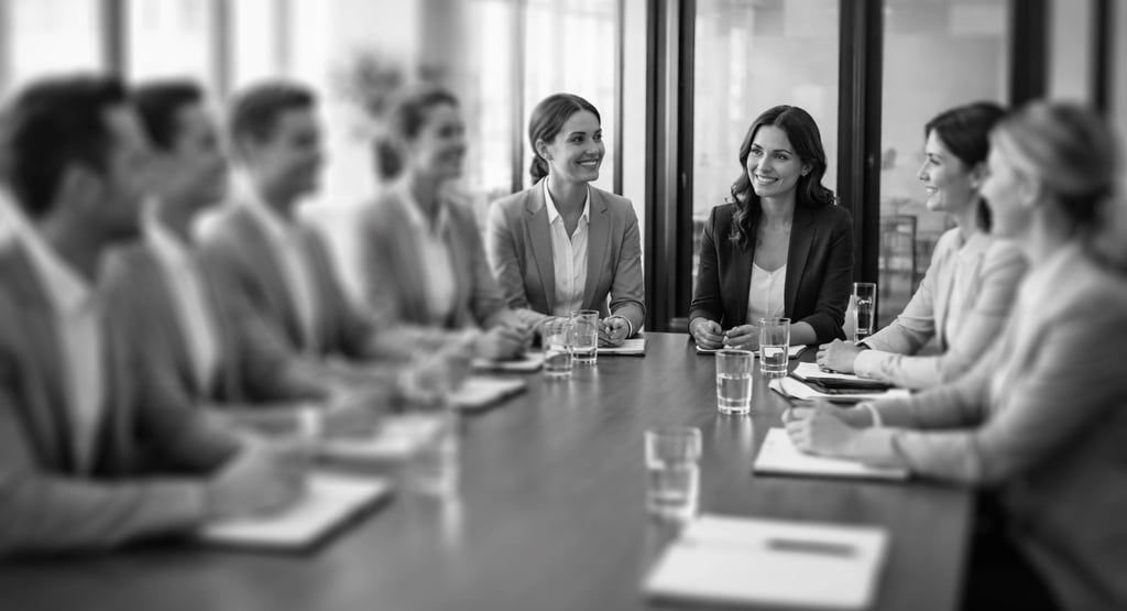 employees seated at a meeting table, all wearing teh same kind of outfit, except one