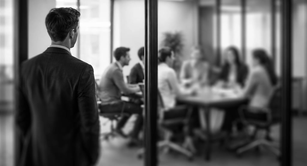 an employee feeling excluded, looking at his team having a good time, behind a glass wall