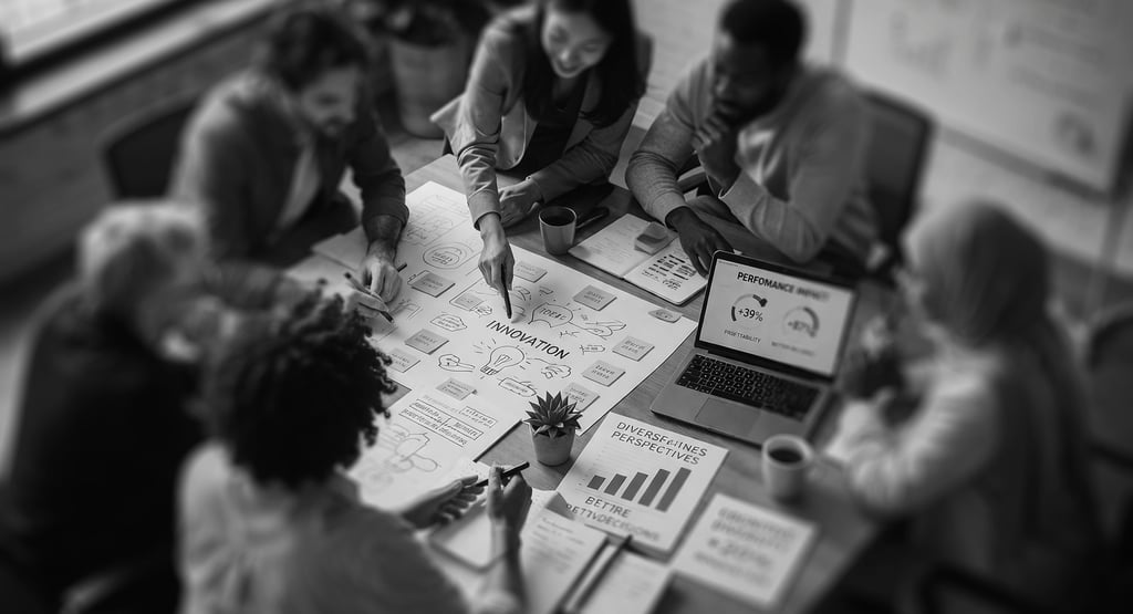 diverse group of people brainstorming gathered around a meeting table