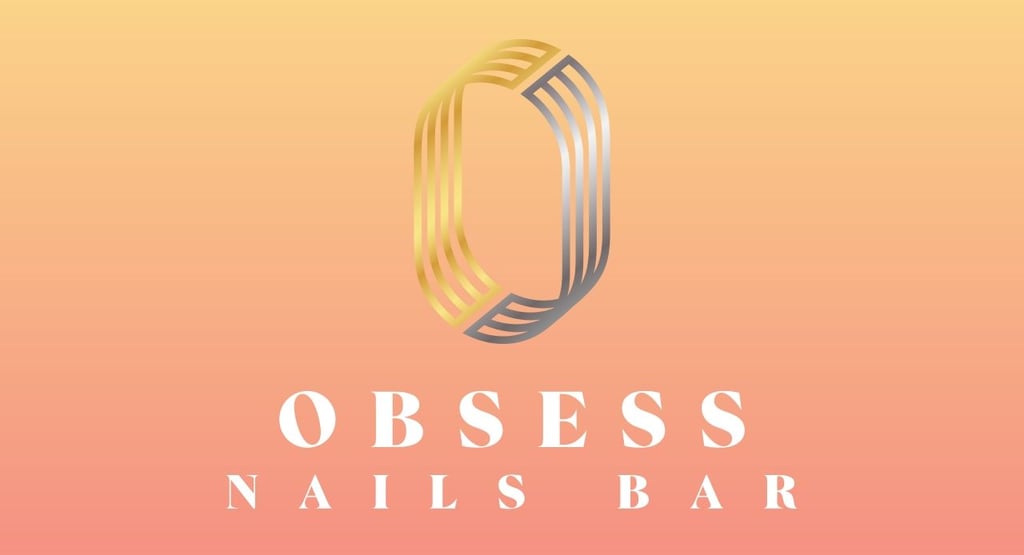 Elegant gold and silver logo for Obsess Nails Bar on a peach and yellow gradient background.