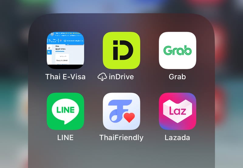Ordner für mobile Apps mit dem Titel, Thailand“, der Thai E-Visa, inDrive, Grab, LINE, ThaiFriendly