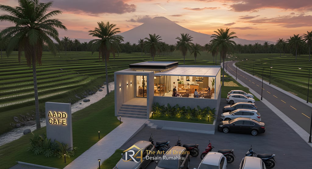 Cafe minimalis modern sore hari dengan latar Gunung