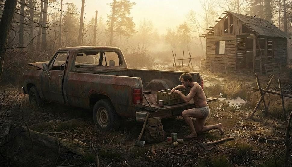 homem vasculhando uma caminhonete velha na floresta de LDoE