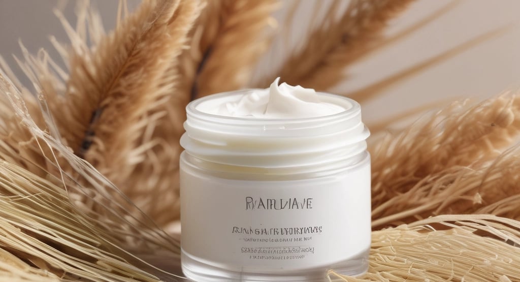 White cream in an open jar on a rock.