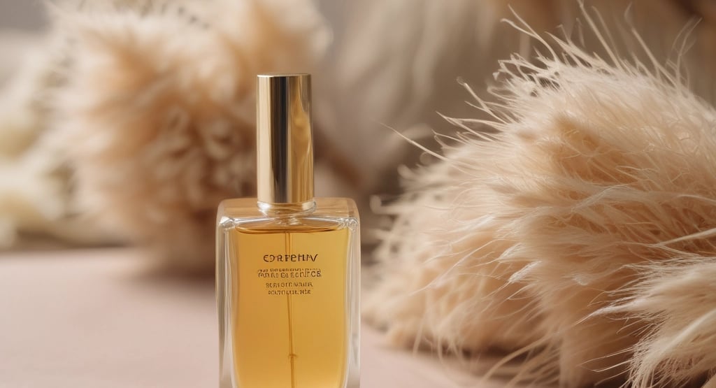 a bottle of oriental perfume sitting on top of a flower