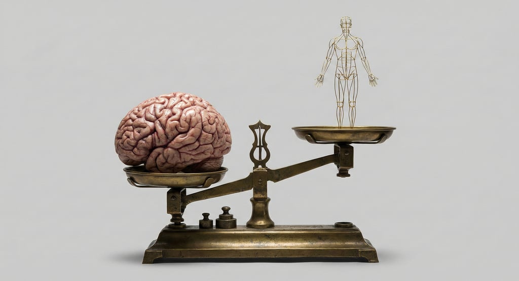 a scale with a brain and a body, tipped towards the brain