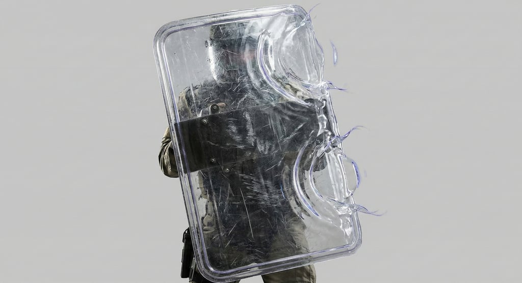 a man in a gas mask using a glass shield