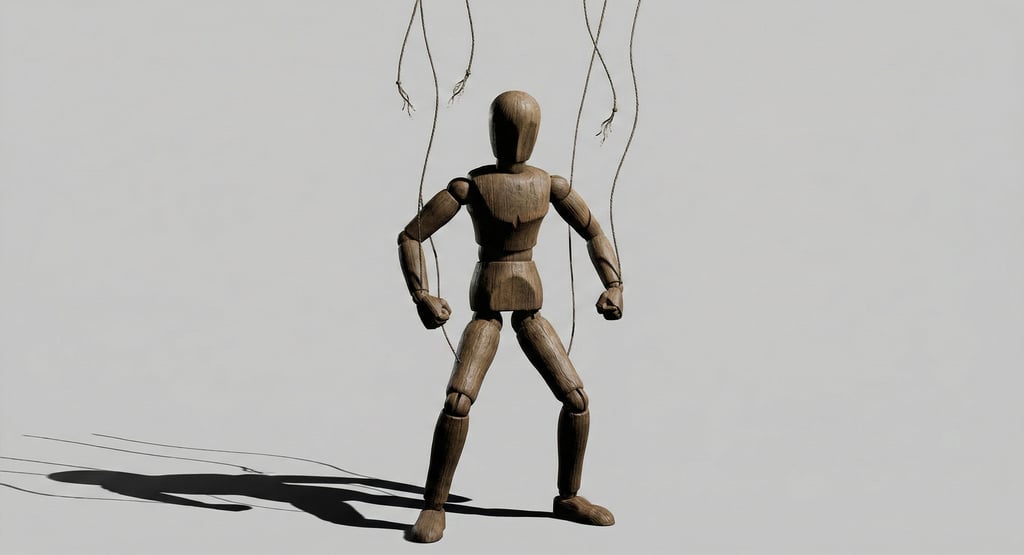 a wooden doll breaking his strings