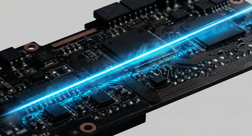 a computer motherboard with a blue light coming out of it