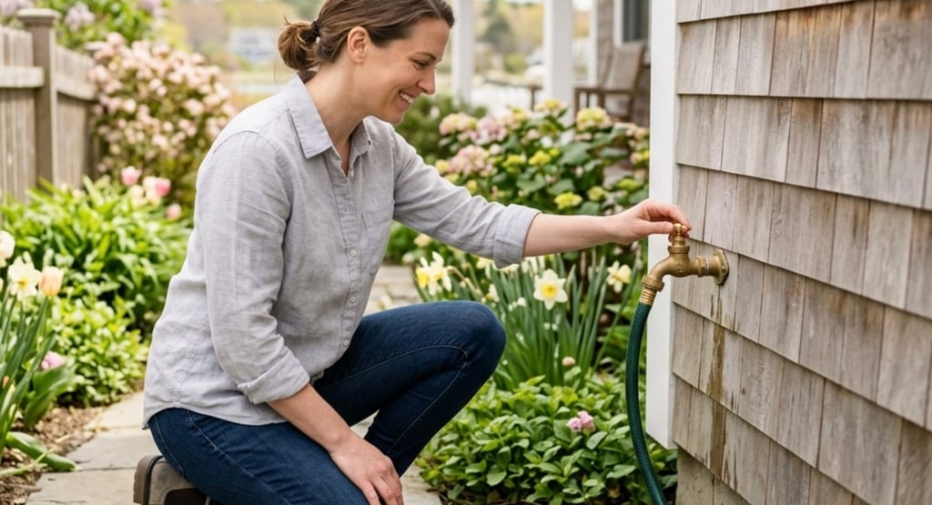 A professional plumber from Katahdin Plumbing inspecting an outdoor hose bibb on Maine home