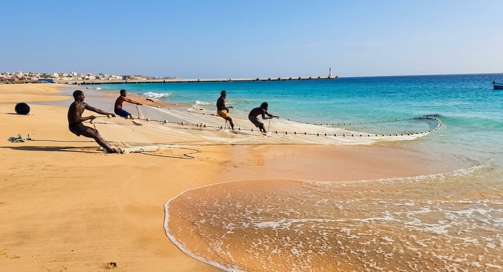 A group of local fishermen pulling a traditional net on the golden beach of Vila do Maio, Cape Verde
