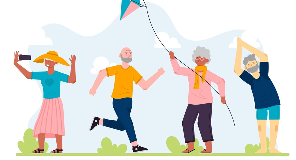 Active seniors enjoying outdoor activities including flying a kite, jogging, and stretching in a park.