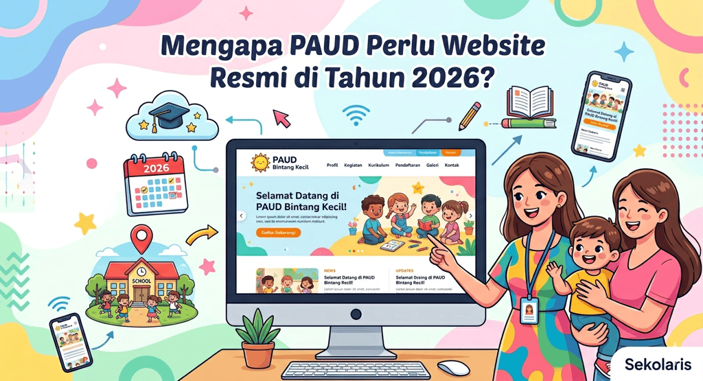 Illustration of why early childhood education or PAUD needs an official website in 2026 featuring digital school portal.