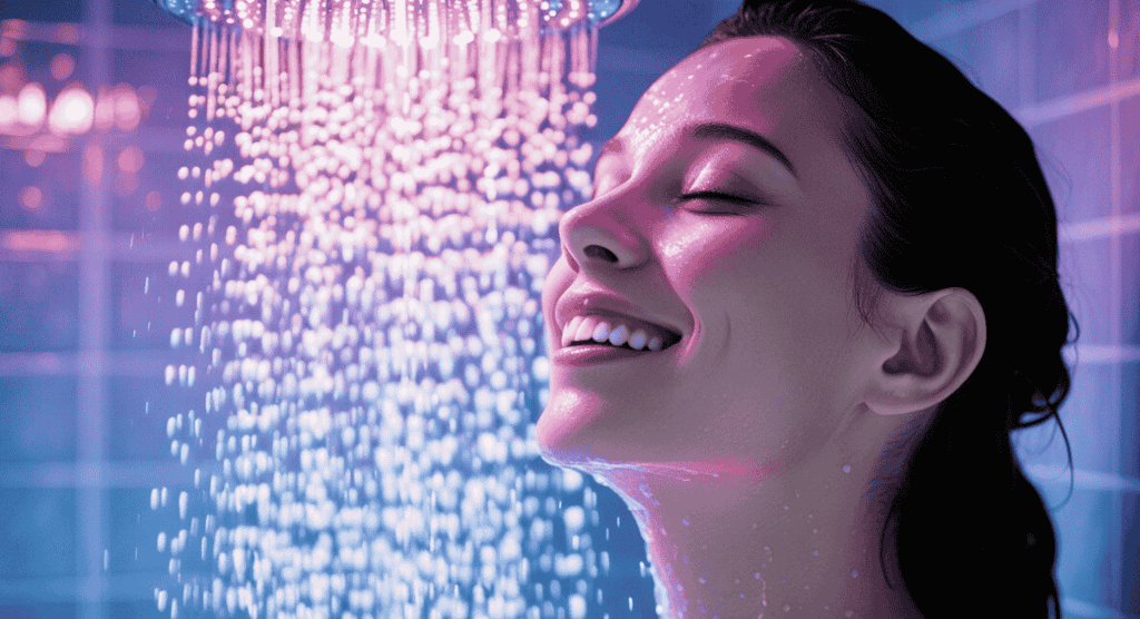 a woman is smiling while she is standing in shower
