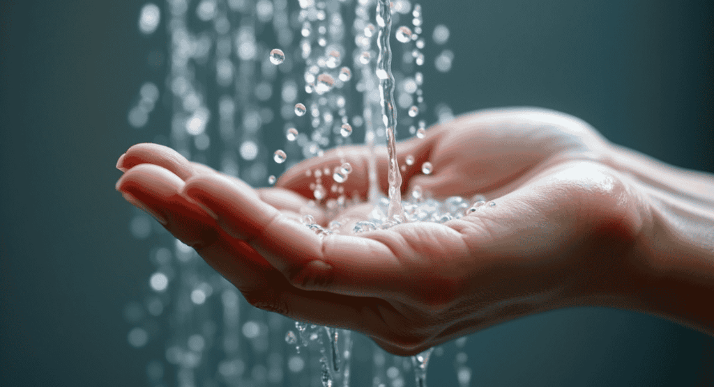 a person holding a hand held out in front of a shower
