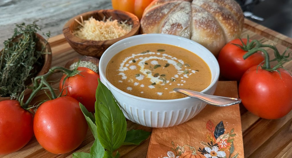 Creamy pumpkin soup with pumpkin shaped sourdough bread