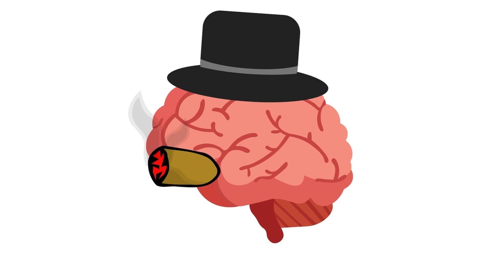 a cartoonish brain with a hat and a cigar