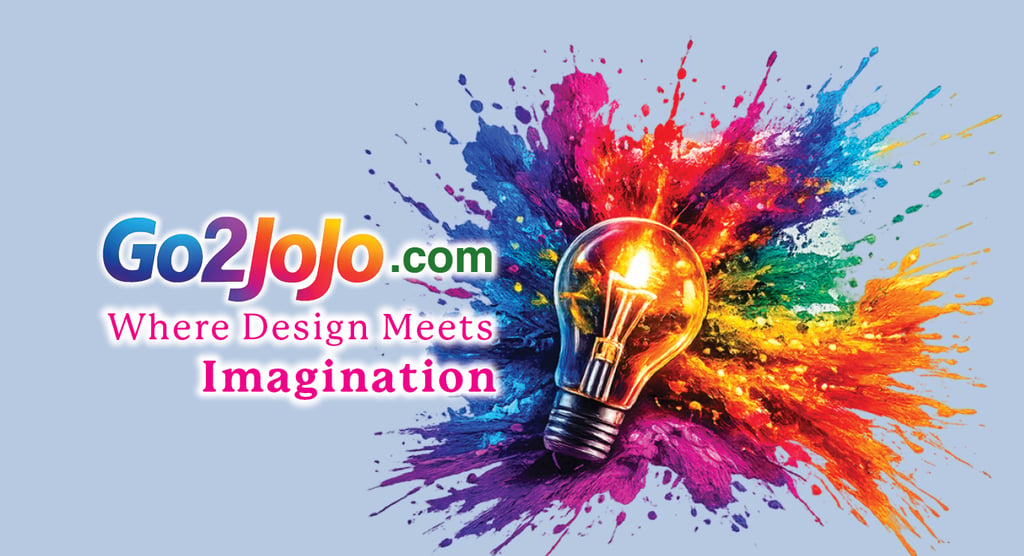 A glowing light bulb over a colorful paint splash with the Go2Jojo.com logo and creative design slogan.