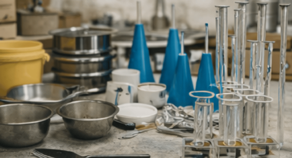 Instrumental auxiliar y recipientes para ensayos en laboratorio de construcción.