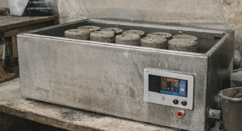 Cámara de curado para probetas de hormigón con control de temperatura.