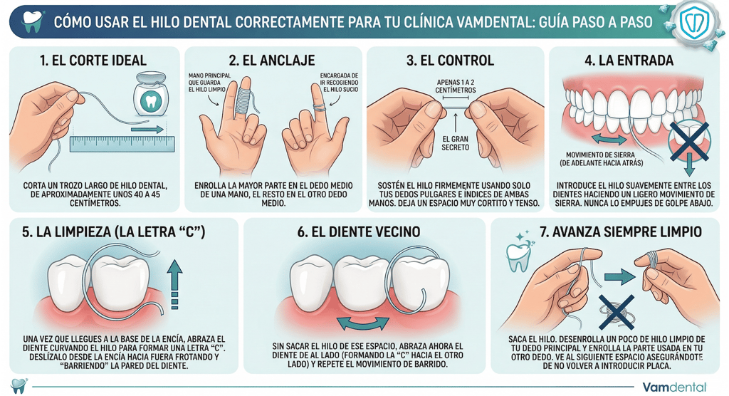 Infografía de siete pasos que muestra cómo usar el hilo dental correctamente para una higiene bucal saludable.