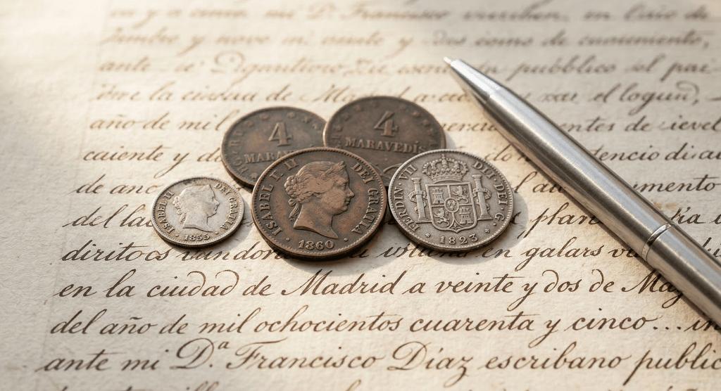 Monedas históricas y manuscrito legal: equivalencias monetarias en escrituras de fincas