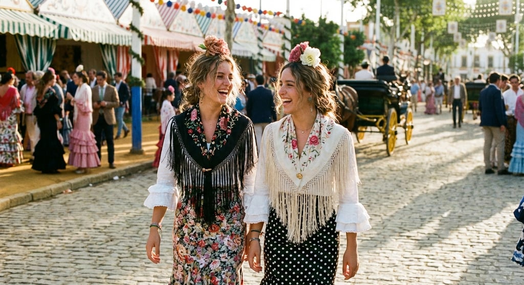 Moda de calle Feria de Abril Sevilla lunares y flores en el pelo