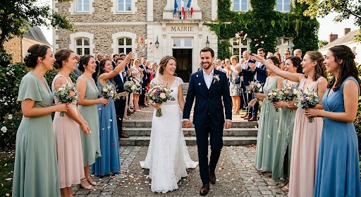 Couple de mariés sortant de la mairie dans une haie d'invitées