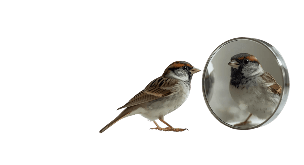 Sparrow staring in a mirror, a reflection of branding image