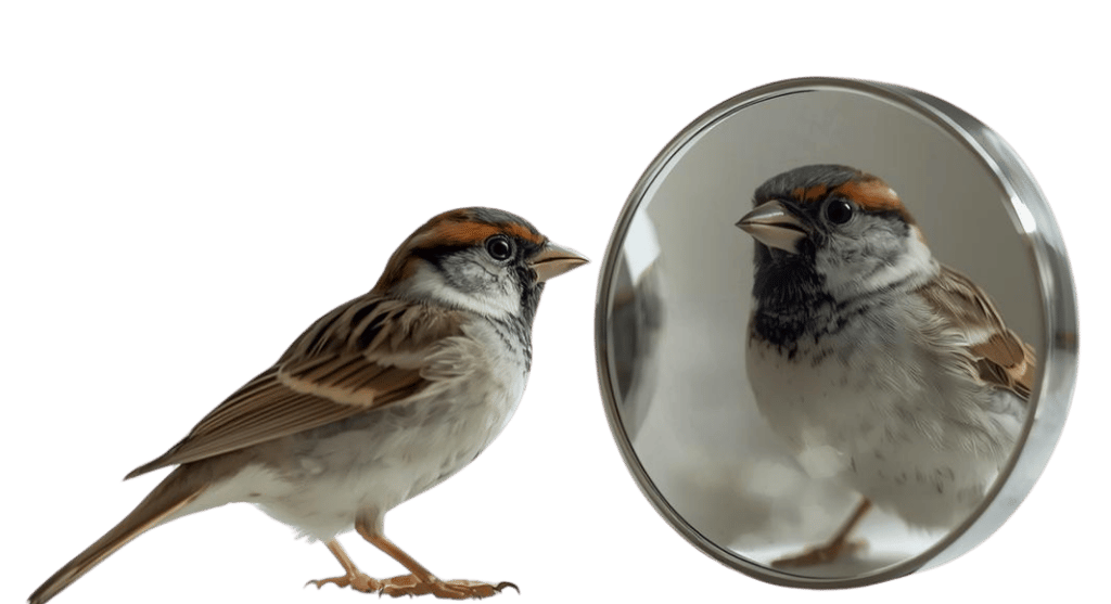 Sparrow looking in the mirror, symbol of brand reflection