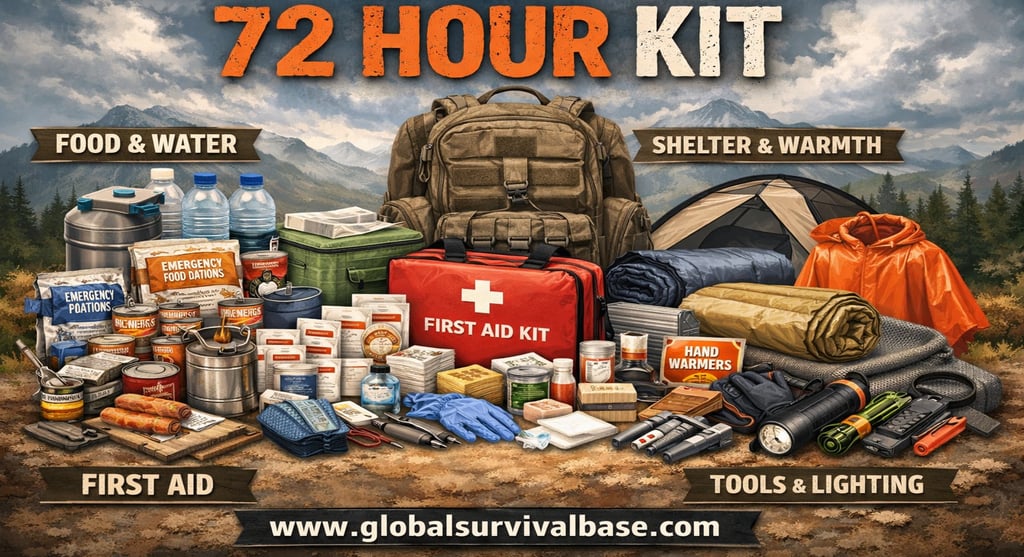 72 hour emergency kit with food water first aid shelter tools survival gear