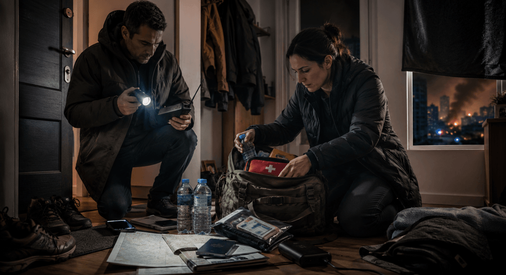 A couple packing an emergency survival kit with a first aid bag and radio during a city disaster.