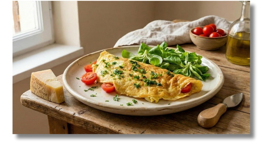 Savory omelette with aged cheese and Parma ham — simple, protein-rich Mediterranean breakfast.