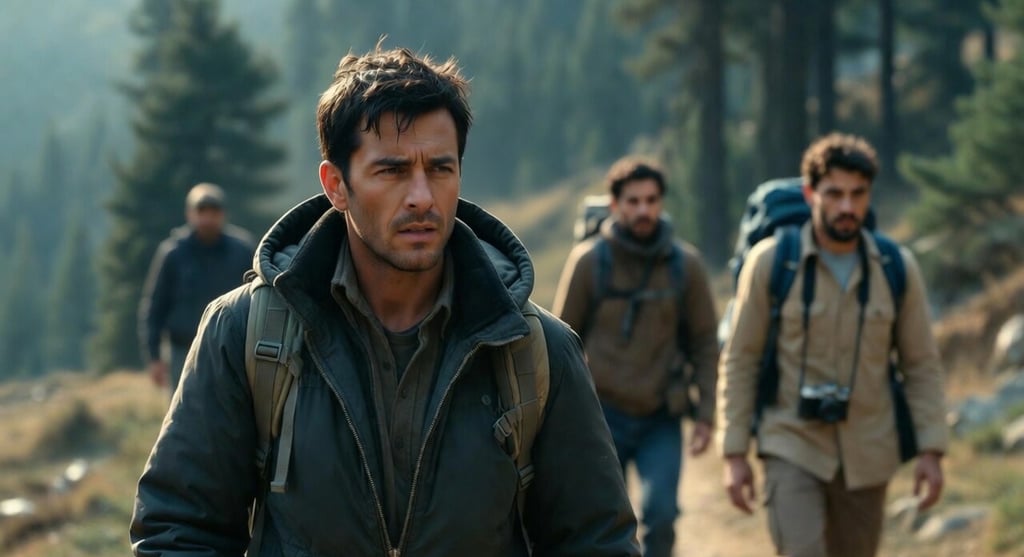 A group of male hikers wearing outdoor gear and backpacks trekking through a mountain forest trail.