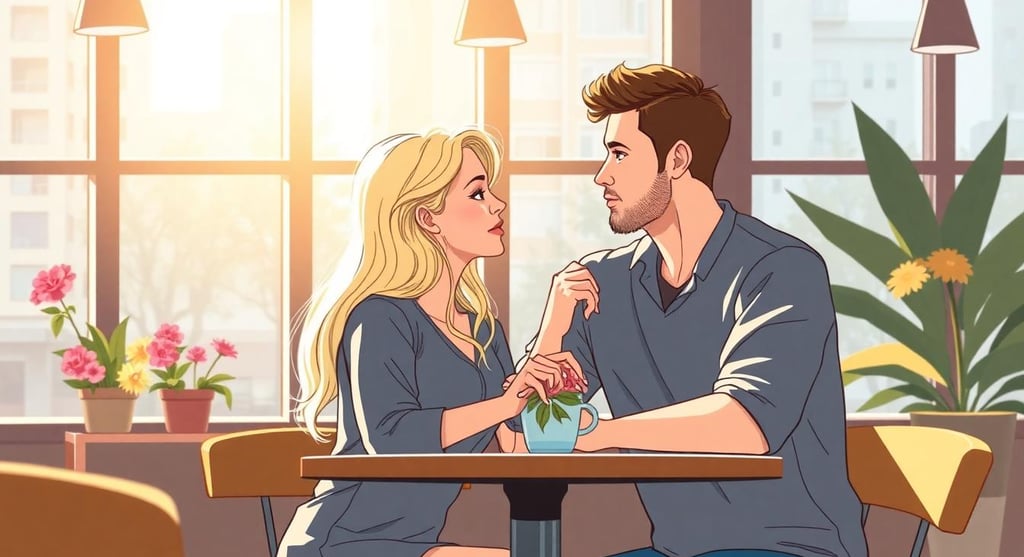 a man and woman sitting at a table in a cafe