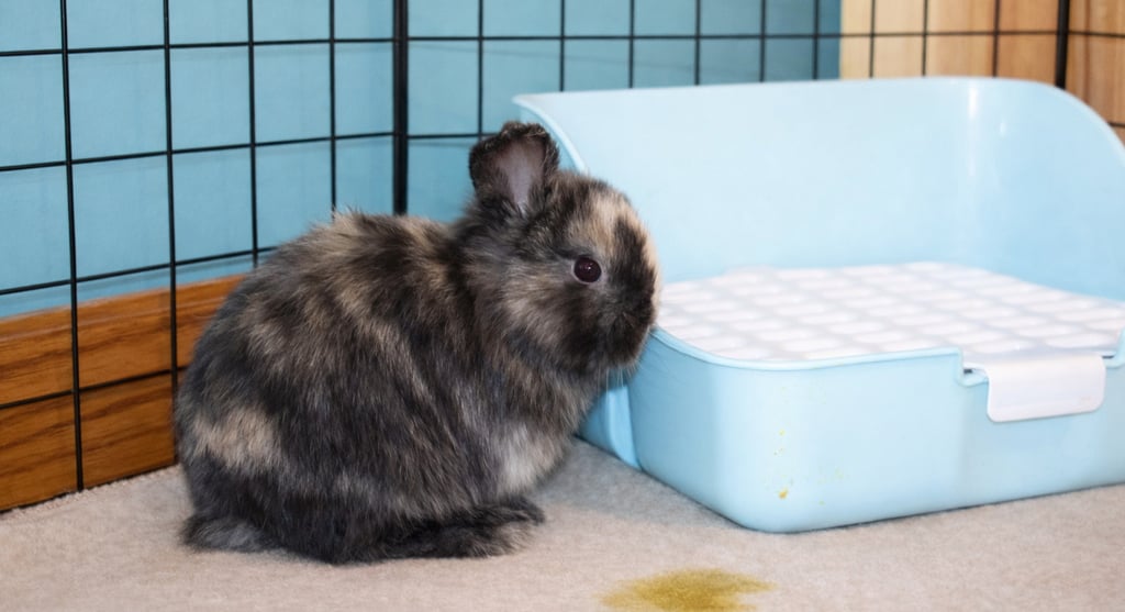 Hot Cross Buns harlequin baby beside litter box and urine accident