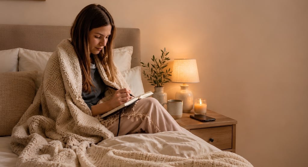 Woman journaling in bed during a calming bedtime routine