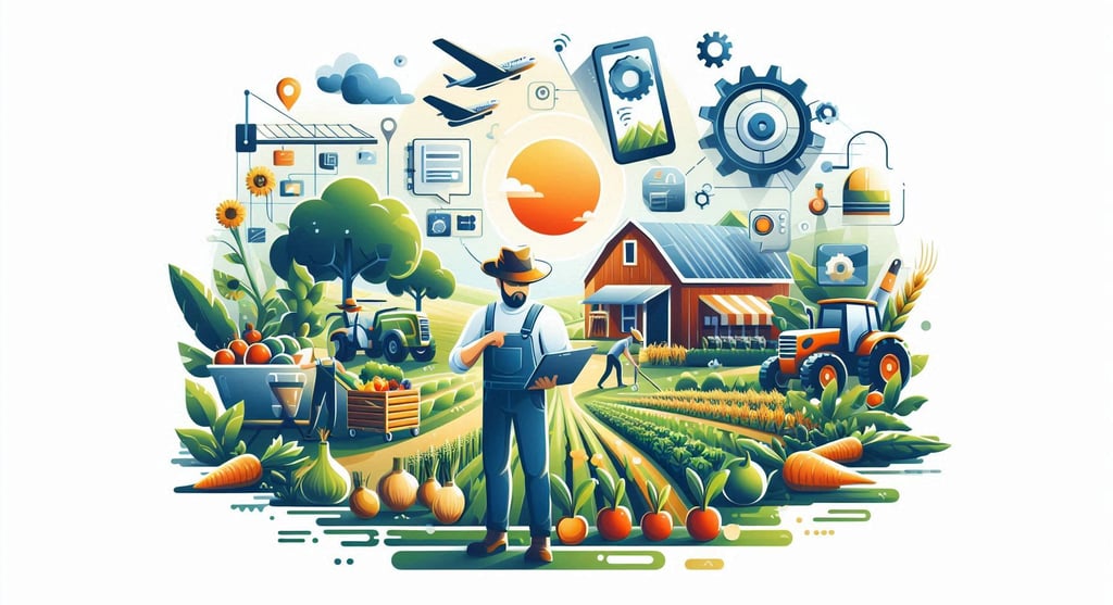a farmer with laptop standing in front of a farm